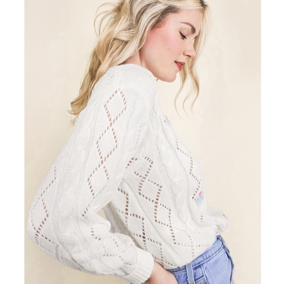 80s Ivory Floral Embroidered Pointelle VTG Sweater - Picture 7 of 16